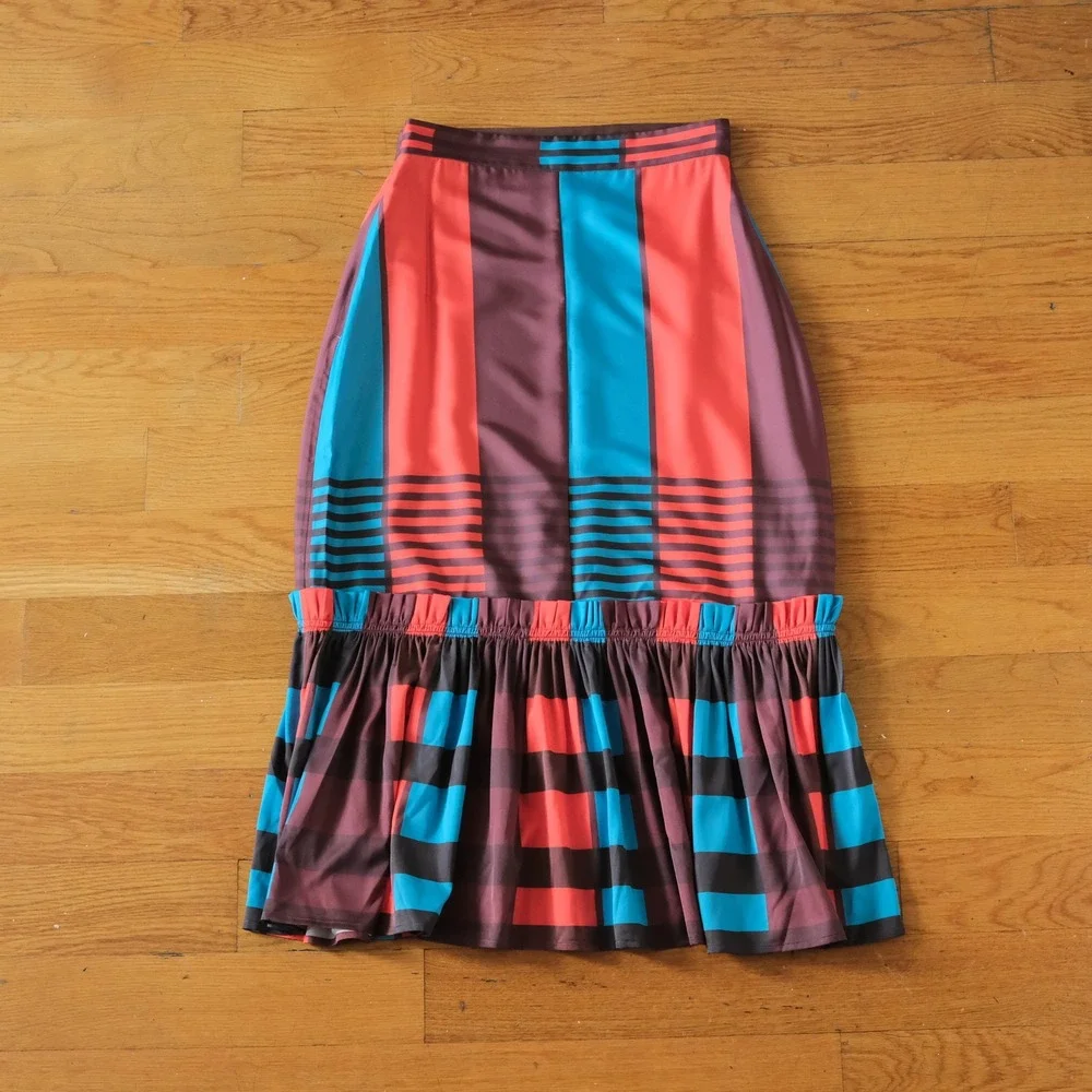 Eva Franco Anthropologie Midi Skirt Women 4 Blue Red Striped Flounce Boho Size 4
